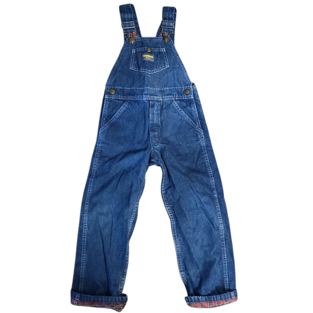 Vintage Osh Kosh B'Gosh Denim Jean Overalls Vestback Flannel‎ Inside Cuffed Sz 6